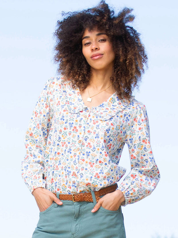Crendell Twill Bluse Rüschenkragen