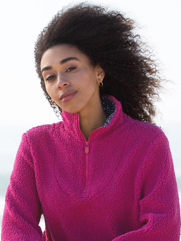 Purbeck Teddy Fleecepullover mit kurzem Reißverschluss Fuchsia